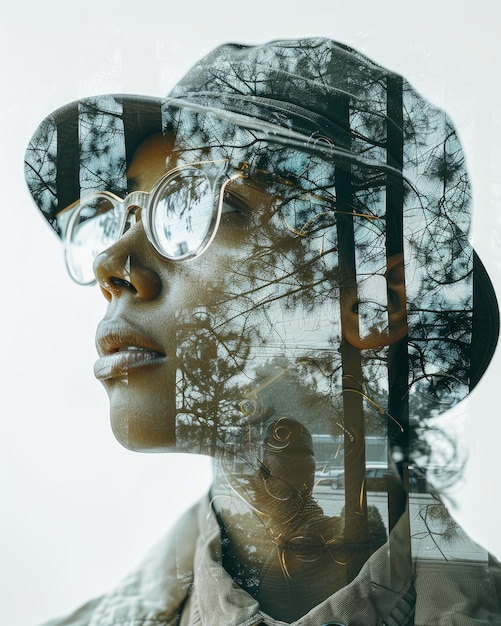 Black woman wearing eyeglasses and hat with trees and city reflection
