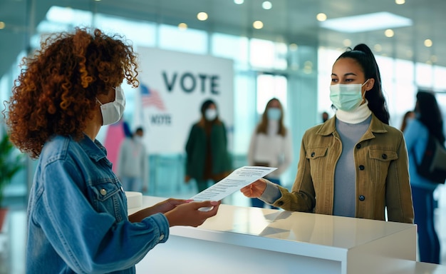 A black woman wearing a face mask is holding a sign that says vote She appears to be participating in the voting process in the USA