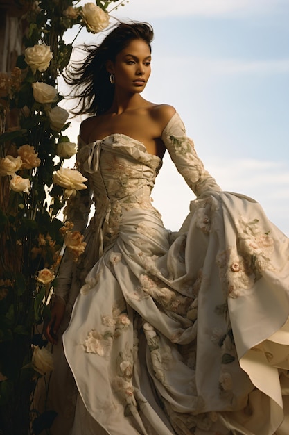 Black woman wearing a floral couture dress