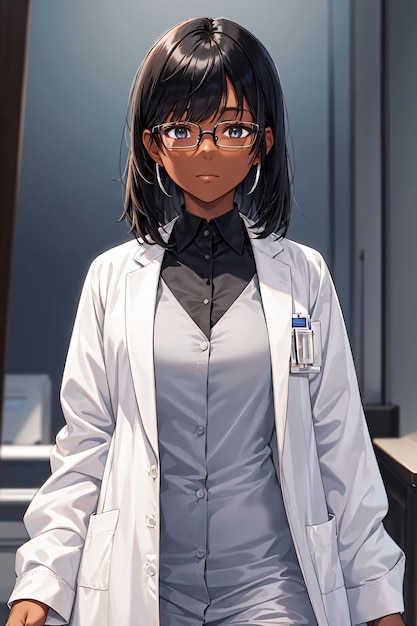 Black woman wearing labcoat with glasses