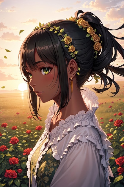 Black woman wearing white dress in a field with flowers