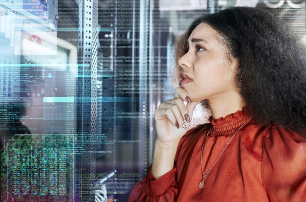 black woman web technology and code on hologram in ux design and cybersecurity glitch or crypto software digital coding error and blockchain 404 cloud computing and iot data developer