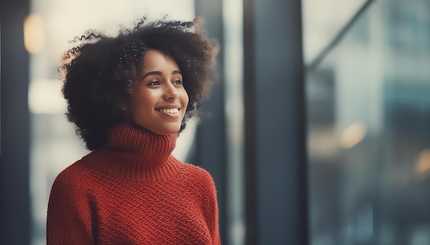 Black woman with Afro curls in a warm sweater in the park