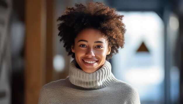 Black woman with Afro curls in a warm sweater in the park