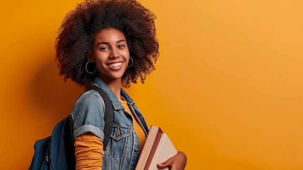 black woman with afro curly hair holding notebooks and smiling in a photography studio