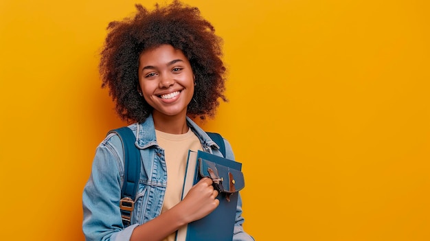 Black woman with afro curly hair holding notebooks and smiling in a photography studio