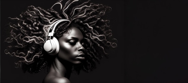 Black woman with afro hair and headphones on black background with copy space