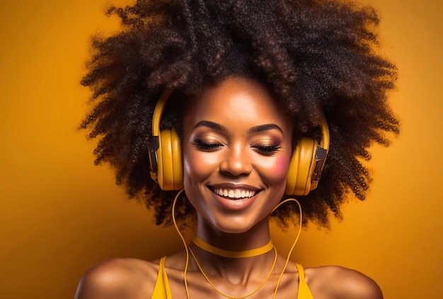 Black woman with afro hair and headphones laughing and listening to music on yellow generative ai