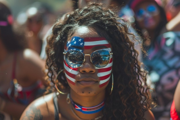 アメリカの独立記念日の音楽フェスティバルで顔にアメリカ国旗を描いた黒人女性