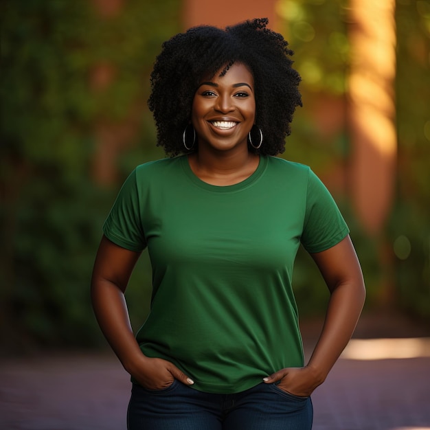 a black woman with a chubby body wearing a tshirt