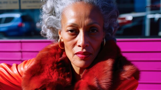 Black woman with curly hair on a cityscape