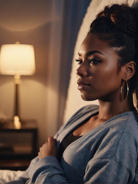 A black woman with curly hair is sitting on a bed