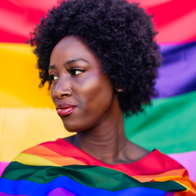 Photo black woman with curly voluminous hair in front of an lgbtqia pride flag