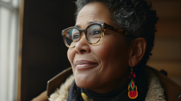 Photo a black woman with glasses is smiling in front of a window