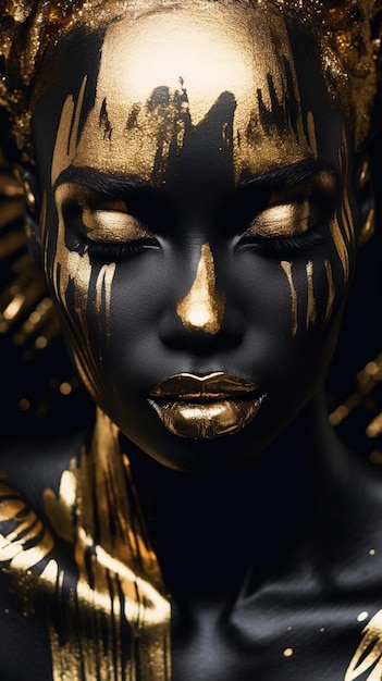 Premium AI Image  A woman with black and gold face paint and gold paint