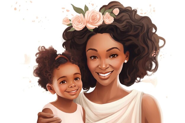 Photo black woman with her child watercolor painting style