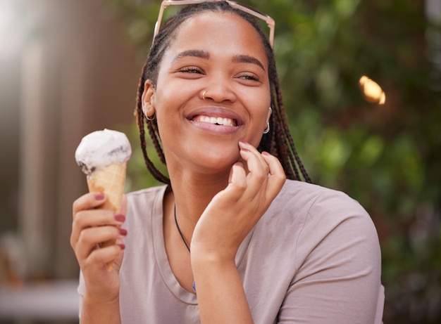 Photo black woman with ice cream smile with dessert outdoor and travel with freedom snack and happy while on holiday african female happiness and eating gelato summer and care free outside in italy