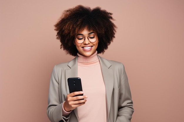 Black woman with phone on studio background