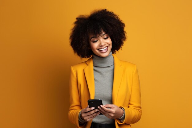 Black woman with phone on studio background