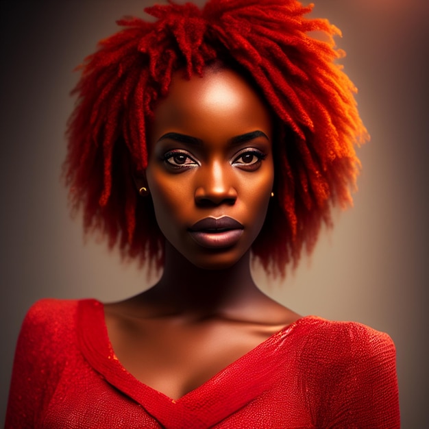 A black woman with red hair and a red shirt