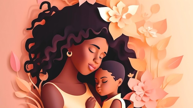 Черная женщина с маленьким ребенком весенняя иллюстрация генеративный ай