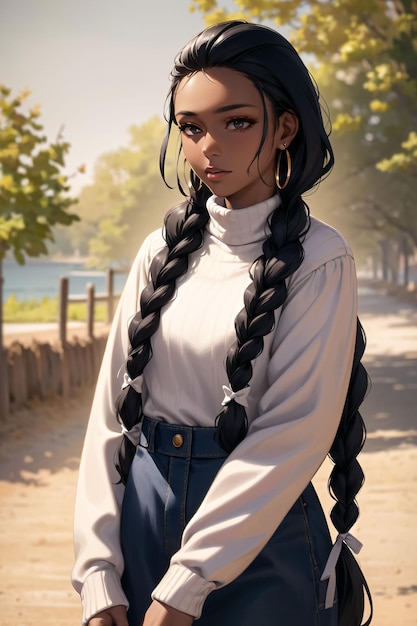 Black woman with twin braids wearing white sweater