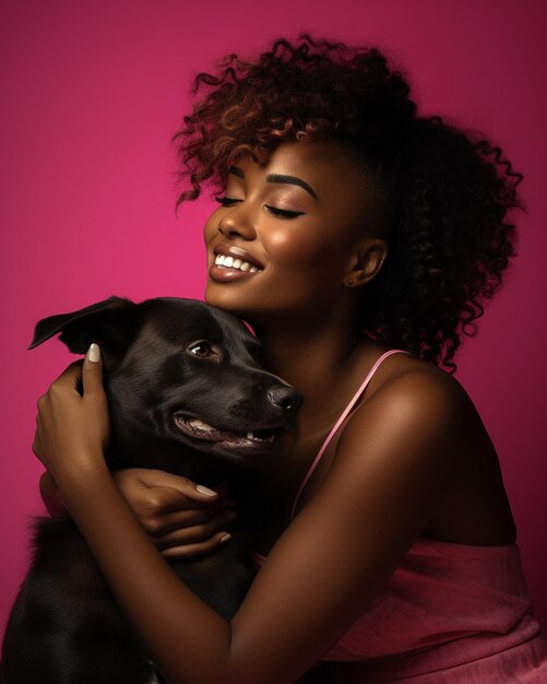 Photo a black woman with your dog petting your dog on tan background