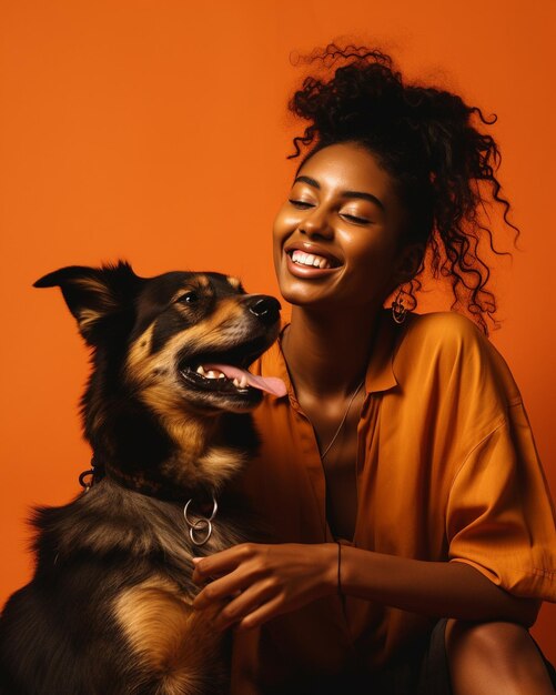 Photo a black woman with your dog petting your dog on tan background