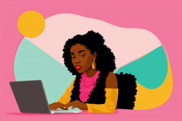 ラップトップで作業する黒人女性 Black Woman's Digital Work Journey Generative AI