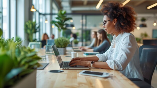 Photo black woman working on laptop in modern office