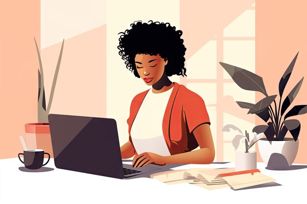 Black Woman working on laptop sitting at the cafe tableHappy freelancer or office female remote job