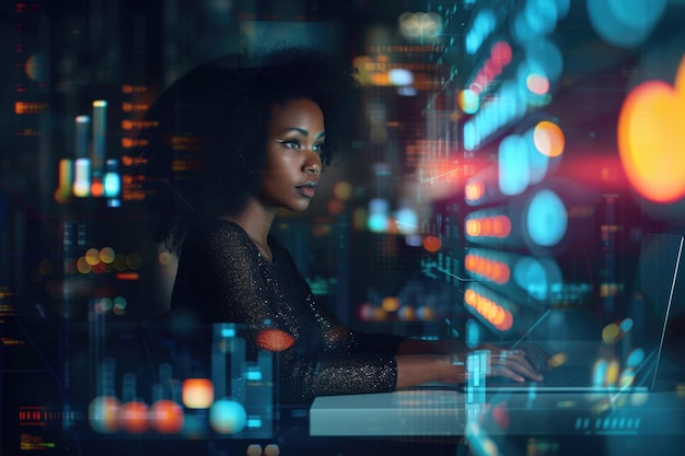 Black woman working in office and digital data concept Digital transformation