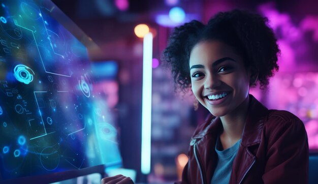Foto donna nera che lavora con l'ia sulla luce al neon del computer