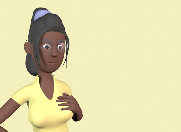 A black woman in a yellow shirt holds her breasts on a yellow background 3drendering