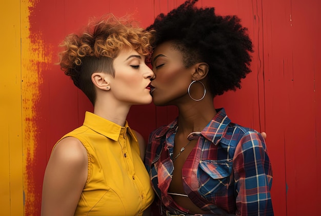 black women are kissing and wearing colorful outfits in the style of overexposure