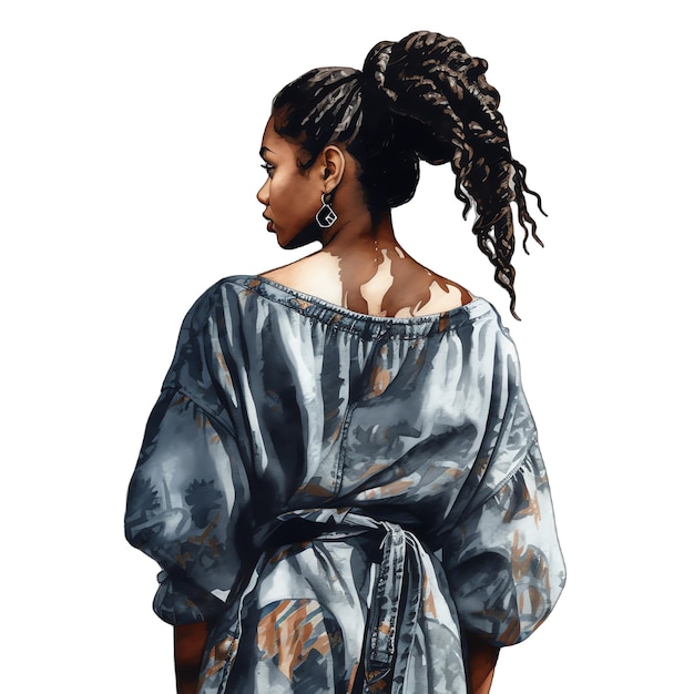 Black women denim fashion back view watercolor illustration