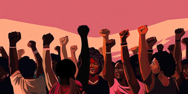 Photo black women march together in protest arms and fists raised in the for activism in the community