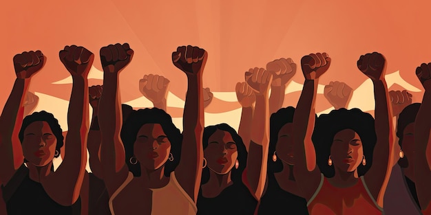 Black women march together in protest Arms and fists raised in the for activism in the community