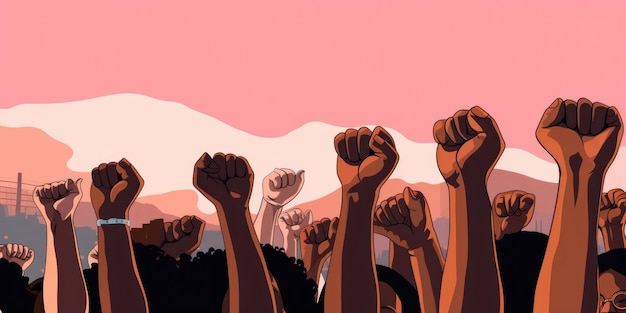 Black women march together in protest Arms and fists raised in the for activism in the community