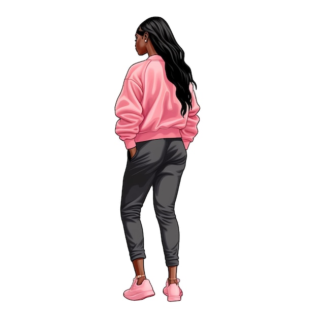 Чернокожие женщины в розовой модной одежде, вид сзади, акварель, иллюстрация