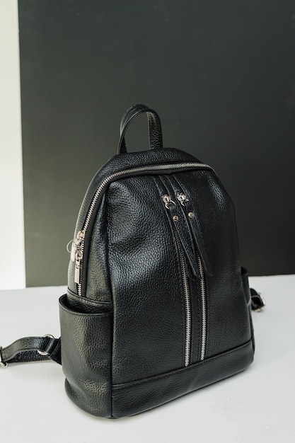 Black women's casual ecoleather backpack closeup Women's leather bag