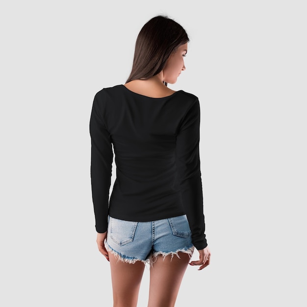 black women's sweatshirt with long sleeves for a girl of Caucasian appearance in short shorts