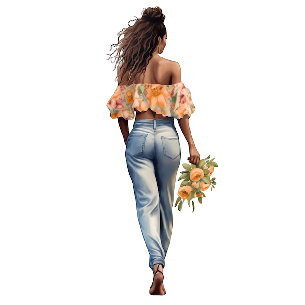 Black women summer floral fashion back view watercolor illustration