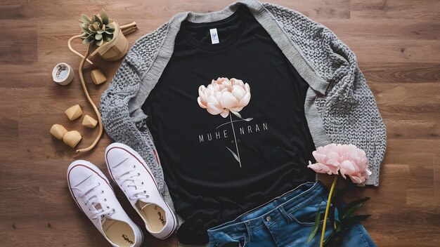 Photo black womens cotton t shirt mockup with gray aran sweater white sneakers and pale pink peony