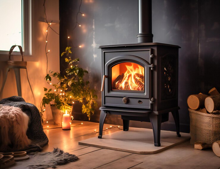 Premium Photo A black wood burning stove sits in front of a room