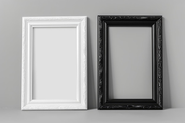 Black wood frame and white picture frame isolated on gray background Object with clipping path