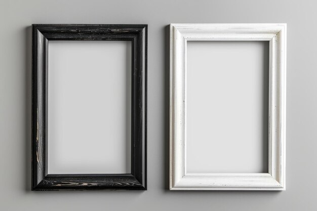 Photo black wood frame and white picture frame isolated on gray background object with clipping path