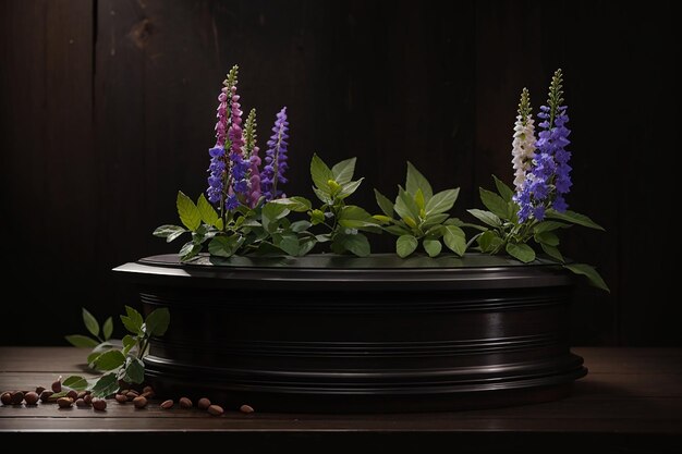 Black wood podium close shot black wood backg studio with lupin bean