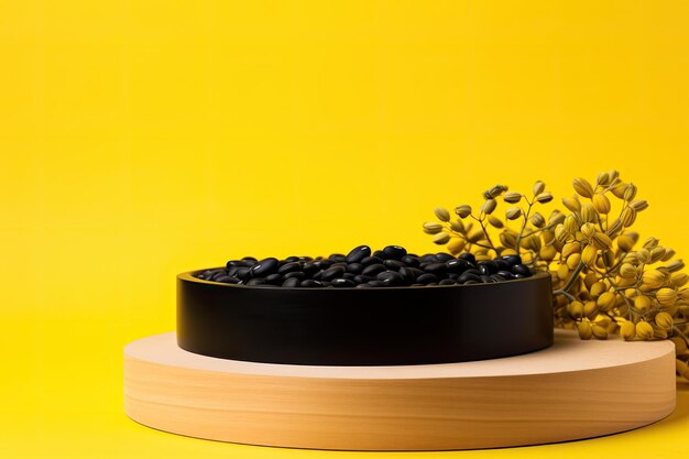 Black wood podium close shot yellow backg studio with lupin bean