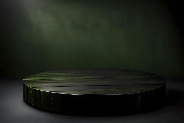 Black wood podium with dark green background